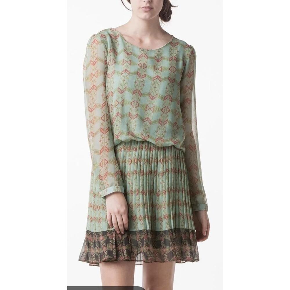 Lavand Anthropologie Dress Womens Medium 8 Green Geometric‎ Pleated Mini Boho